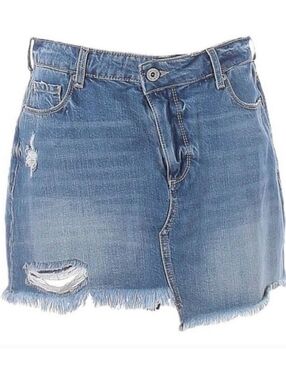 PAIGE Afia Dunlee Asymmetrical Frayed Hem Distressed Mini Jean Skirt Size 32